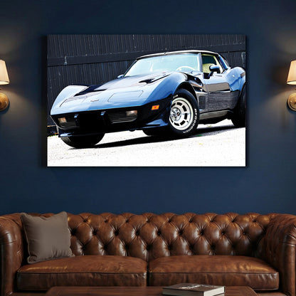 Blue Corvette Stingray Front canvas wall art print above a sofa in a contemporary living room