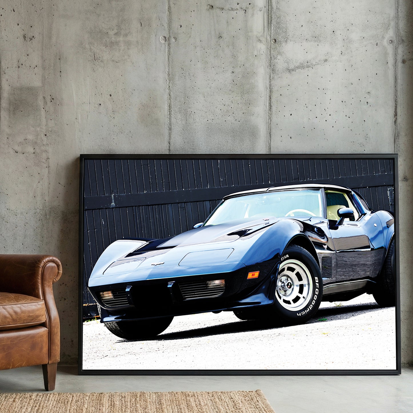Blue Corvette Stingray Front framed canvas wall art print in a gallery-style display