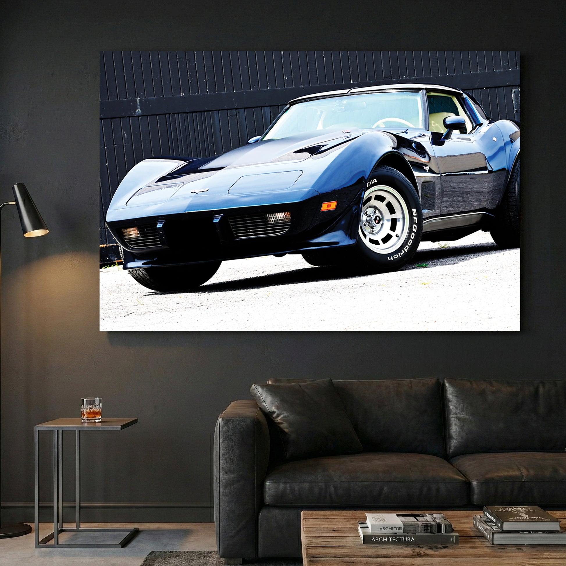 Blue Corvette Stingray Front canvas wall art print displayed in a styled living room