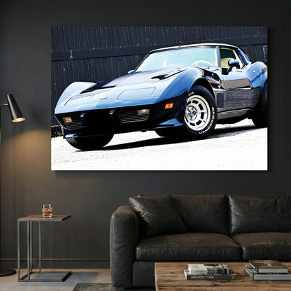 Blue Corvette Stingray Front canvas wall art print displayed in a styled living room