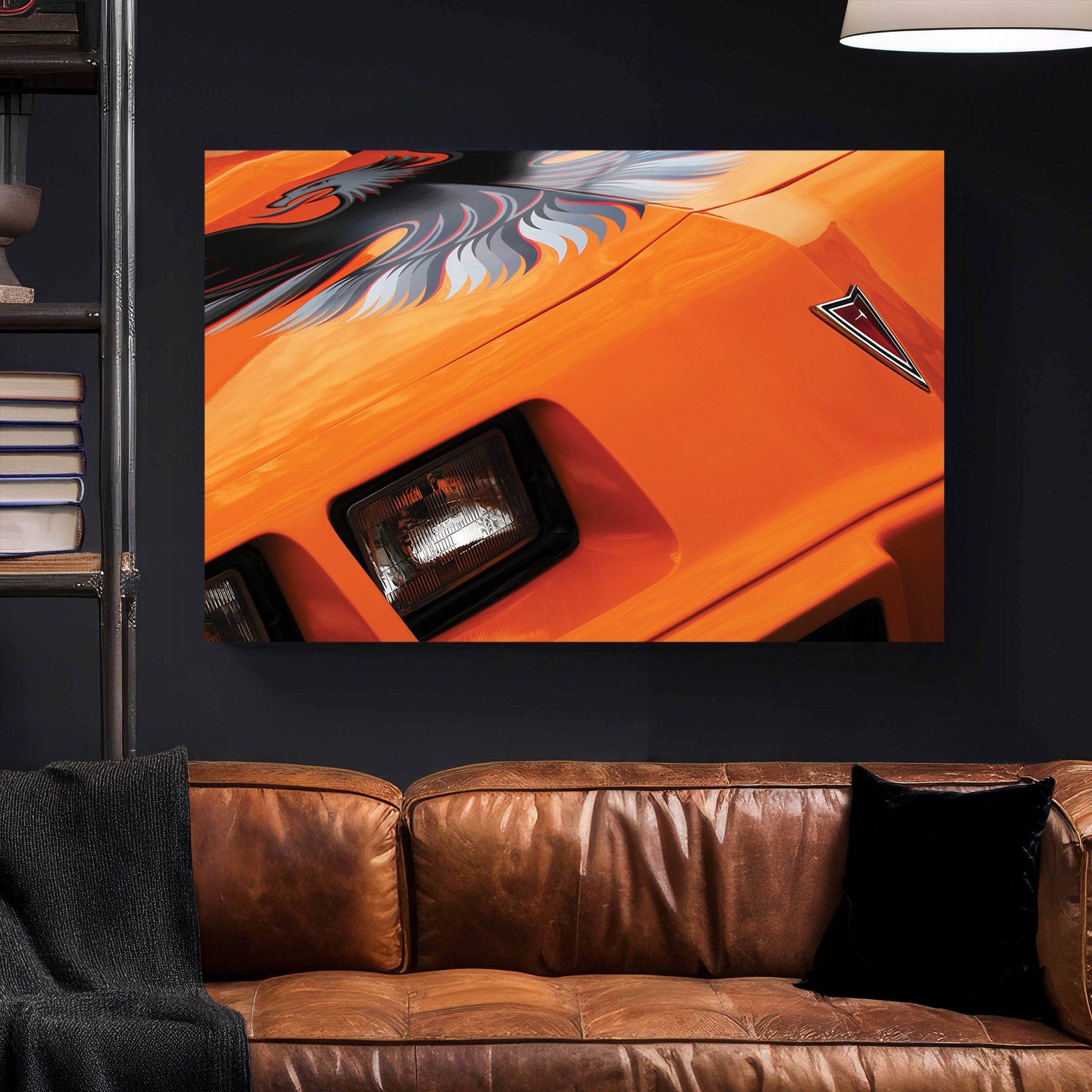Orange Trans-Am Firebird canvas wall art print styled in a modern interior