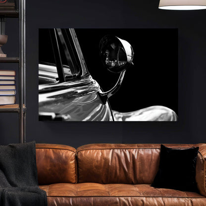 Buick Side Mirror Black and White canvas wall art print styled in a modern interior