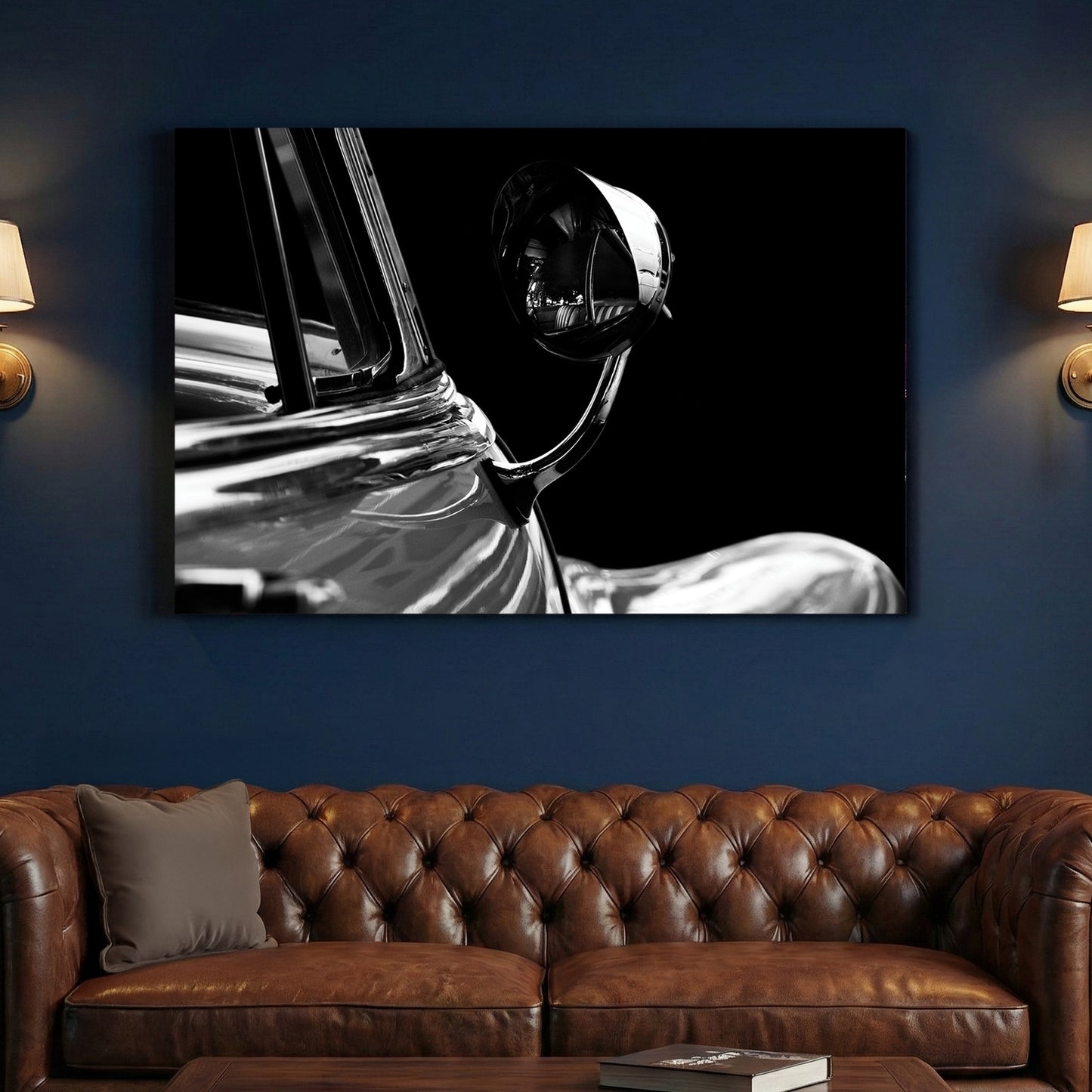 Buick Side Mirror Black and White canvas wall art print above a sofa in a contemporary living room