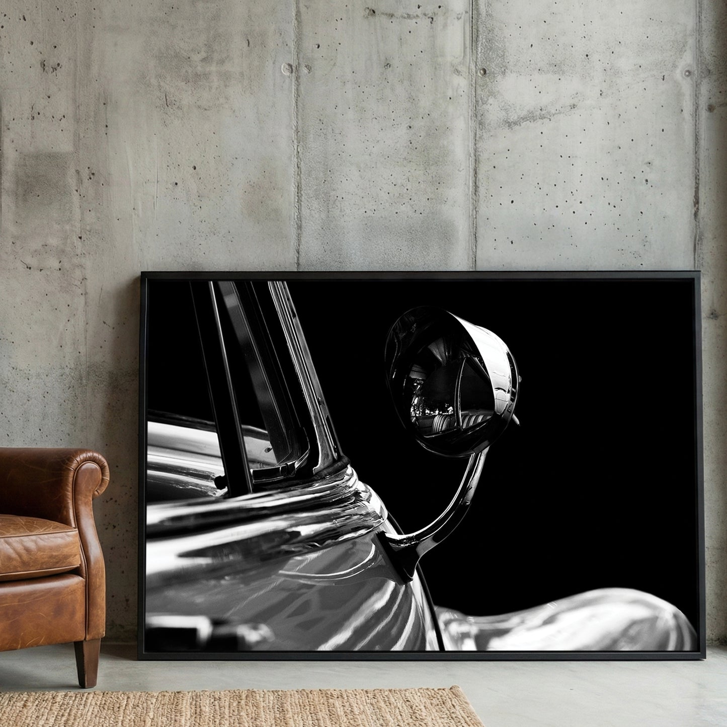 Buick Side Mirror Black and White framed canvas wall art print in a gallery-style display