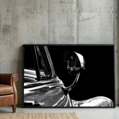 Buick Side Mirror Black and White framed canvas wall art print in a gallery-style display