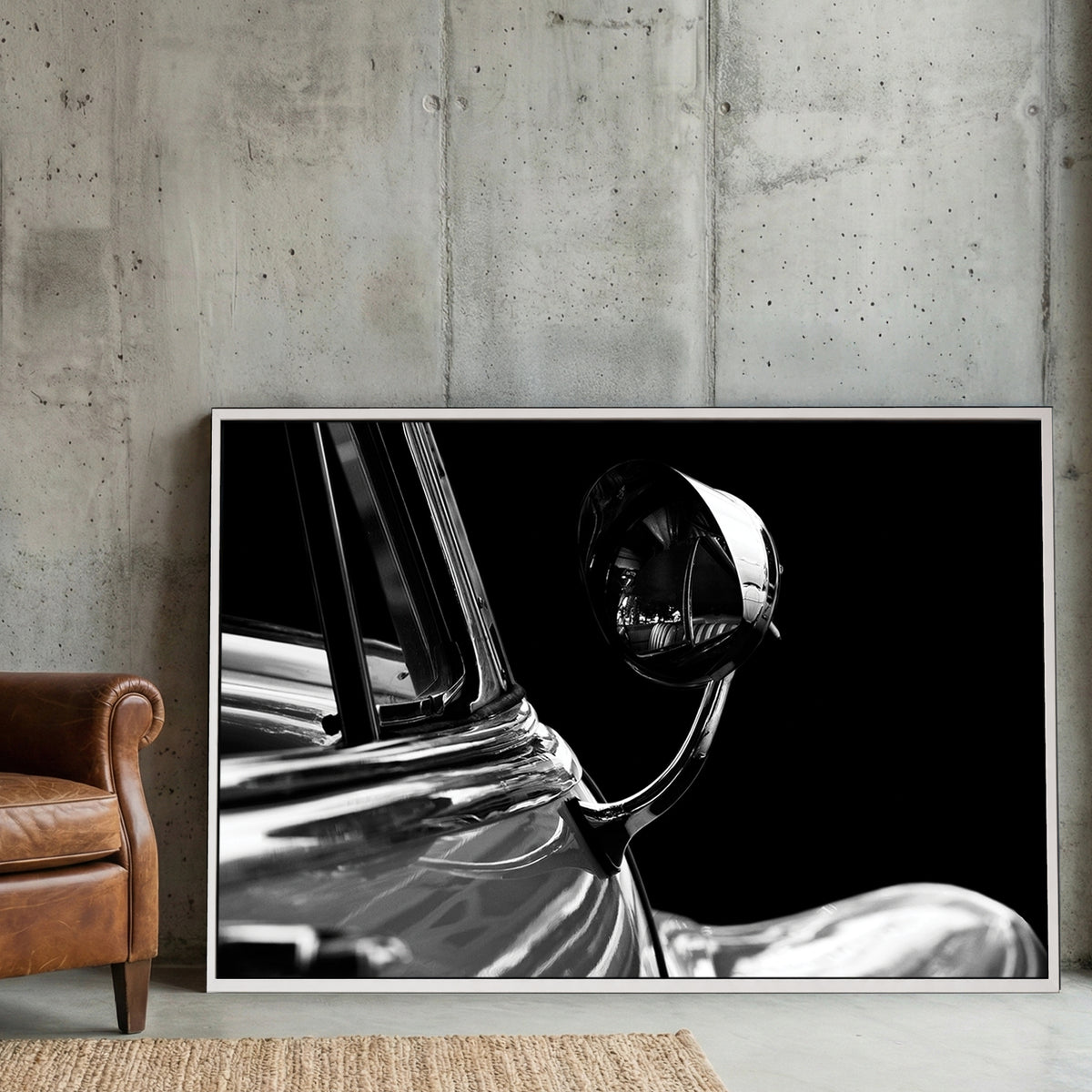 Buick Side Mirror Black and White canvas wall art print displayed in a styled living room