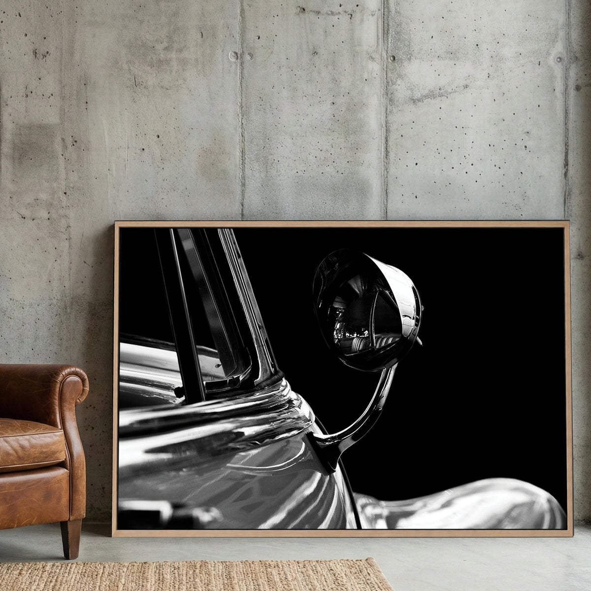 Buick Side Mirror Black and White canvas wall art print displayed in a styled living room