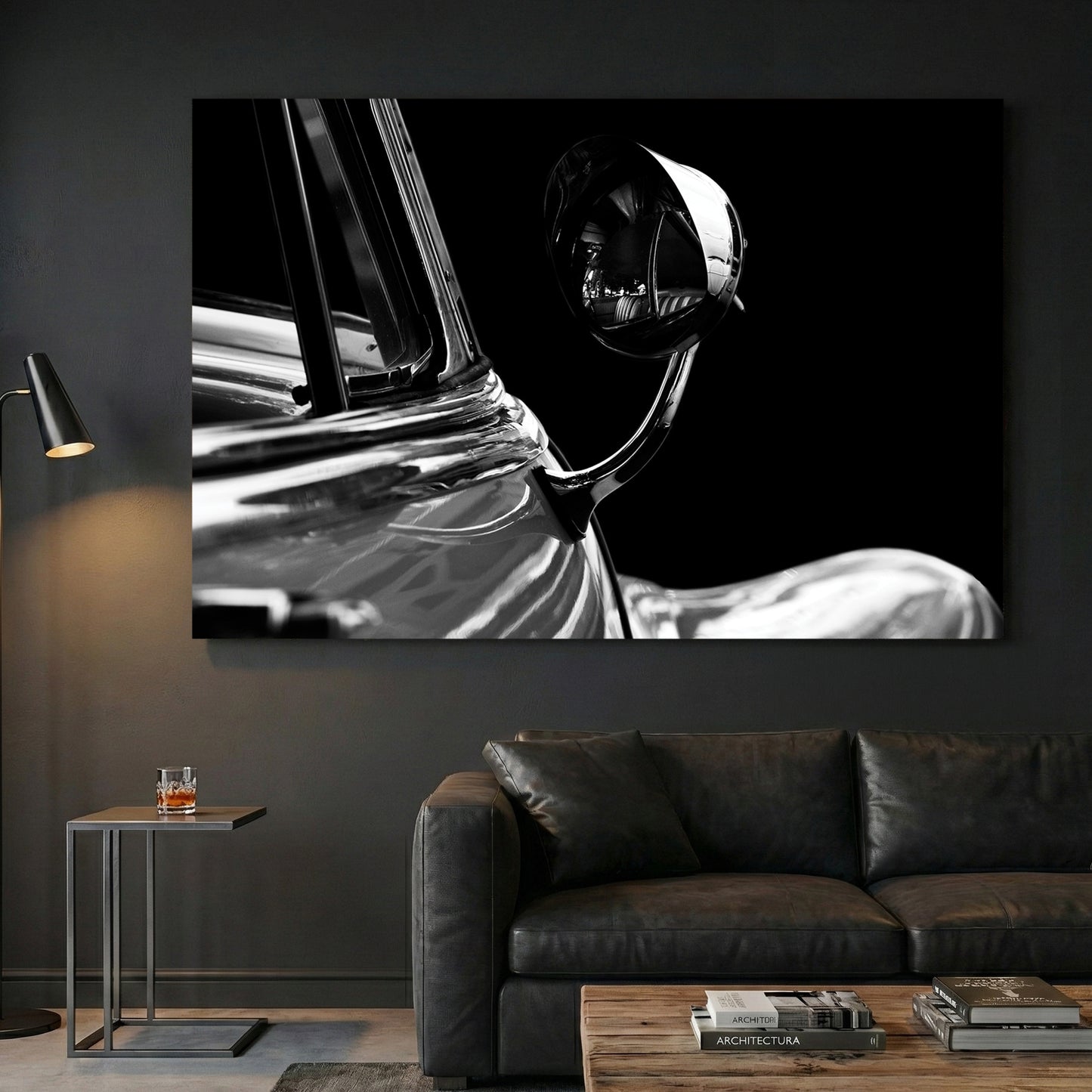 Buick Side Mirror Black and White canvas wall art print displayed in a styled living room