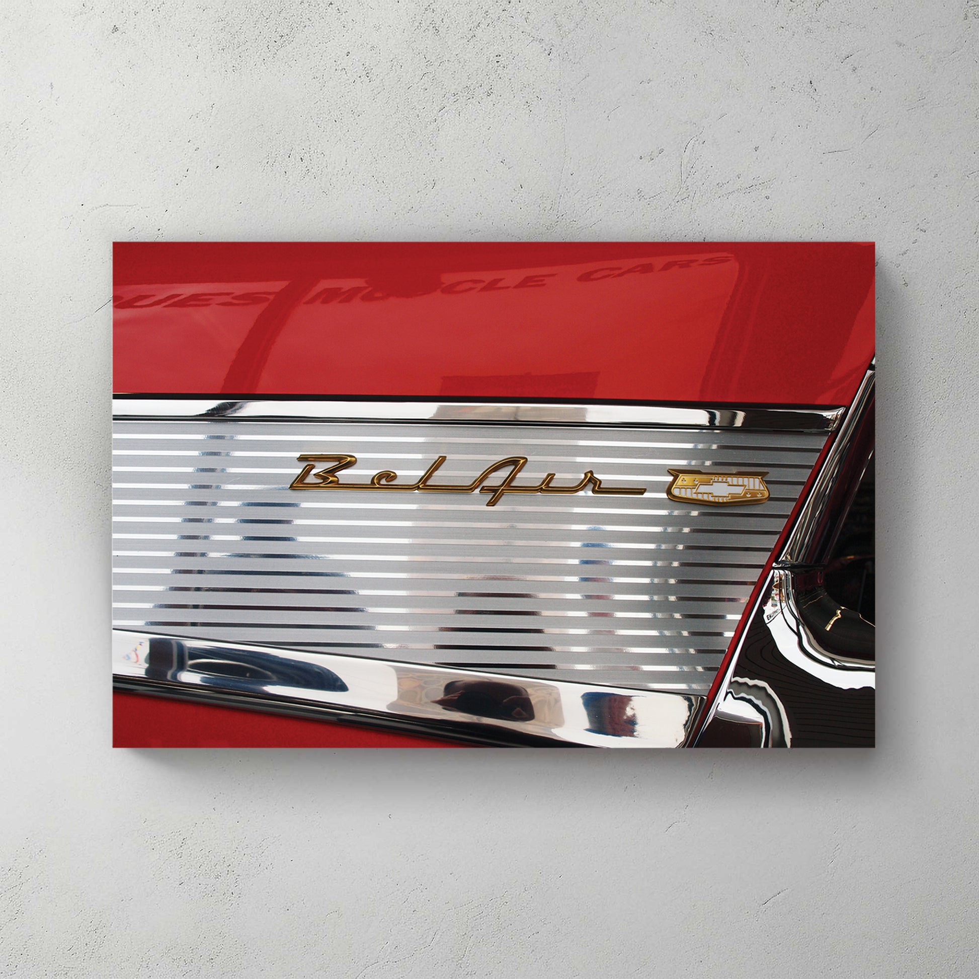 Red Chevy Bel Air rear fin, gold Bel Air script and ribbed silver panel, chrome reflections — canvas wall art print