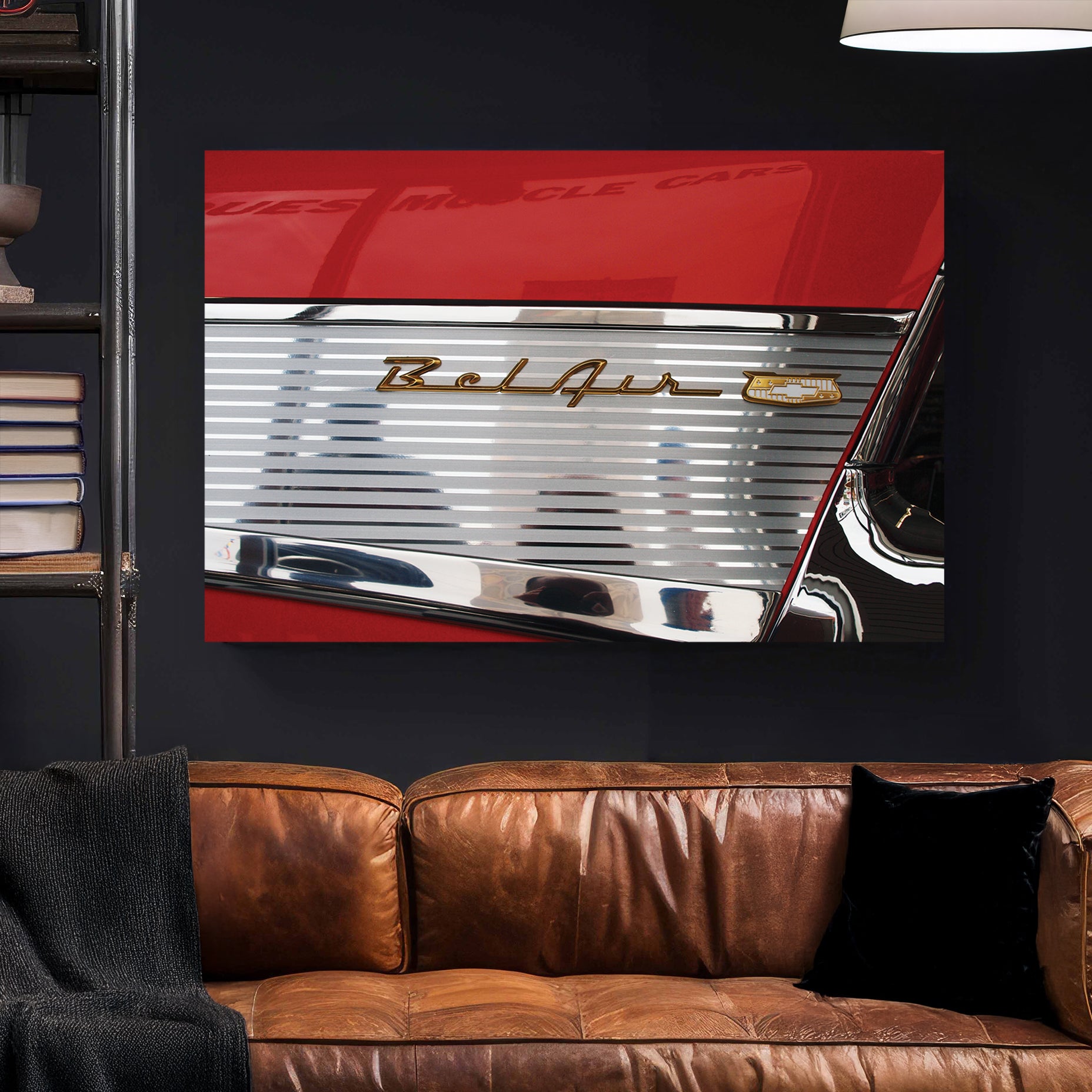 Chevy Bel Air Emblem canvas wall art print styled in a modern interior