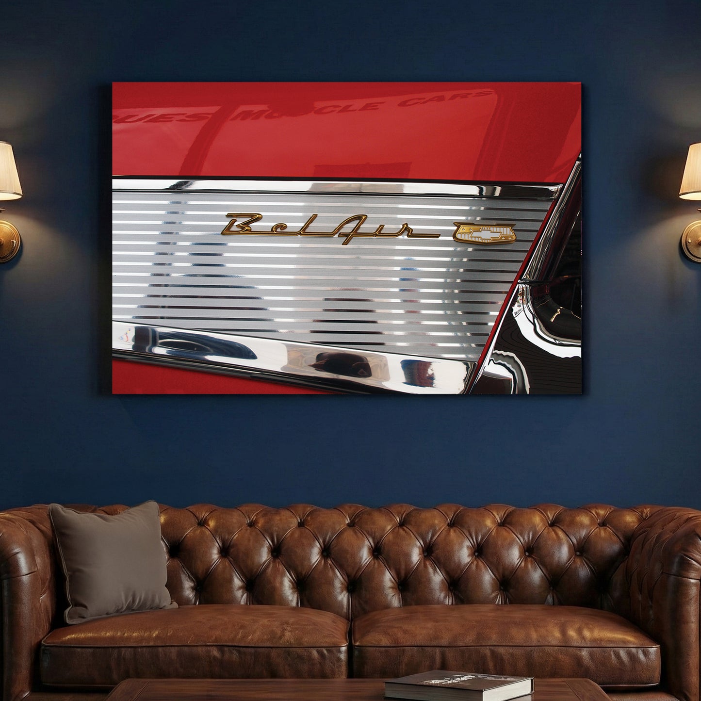 Chevy Bel Air Emblem canvas wall art print above a sofa in a contemporary living room