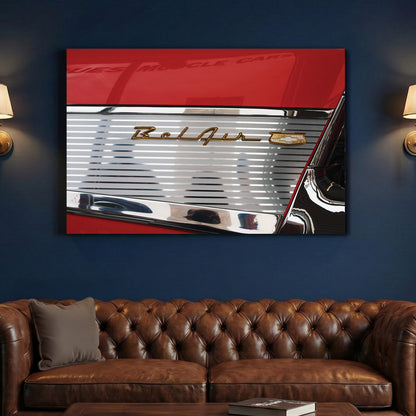 Chevy Bel Air Emblem canvas wall art print above a sofa in a contemporary living room
