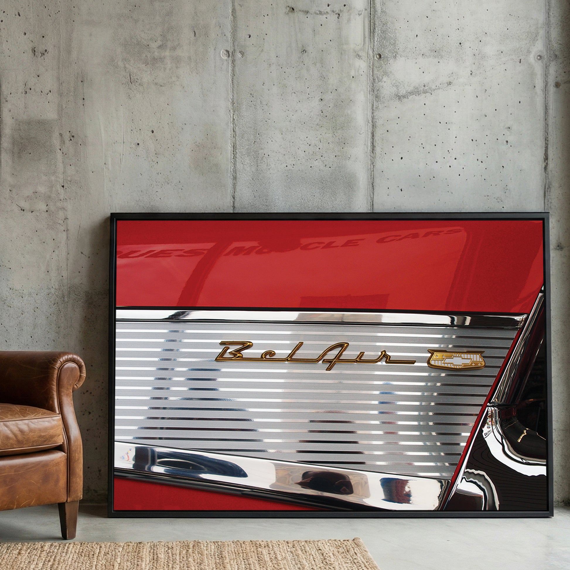 Chevy Bel Air Emblem framed canvas wall art print in a gallery-style display