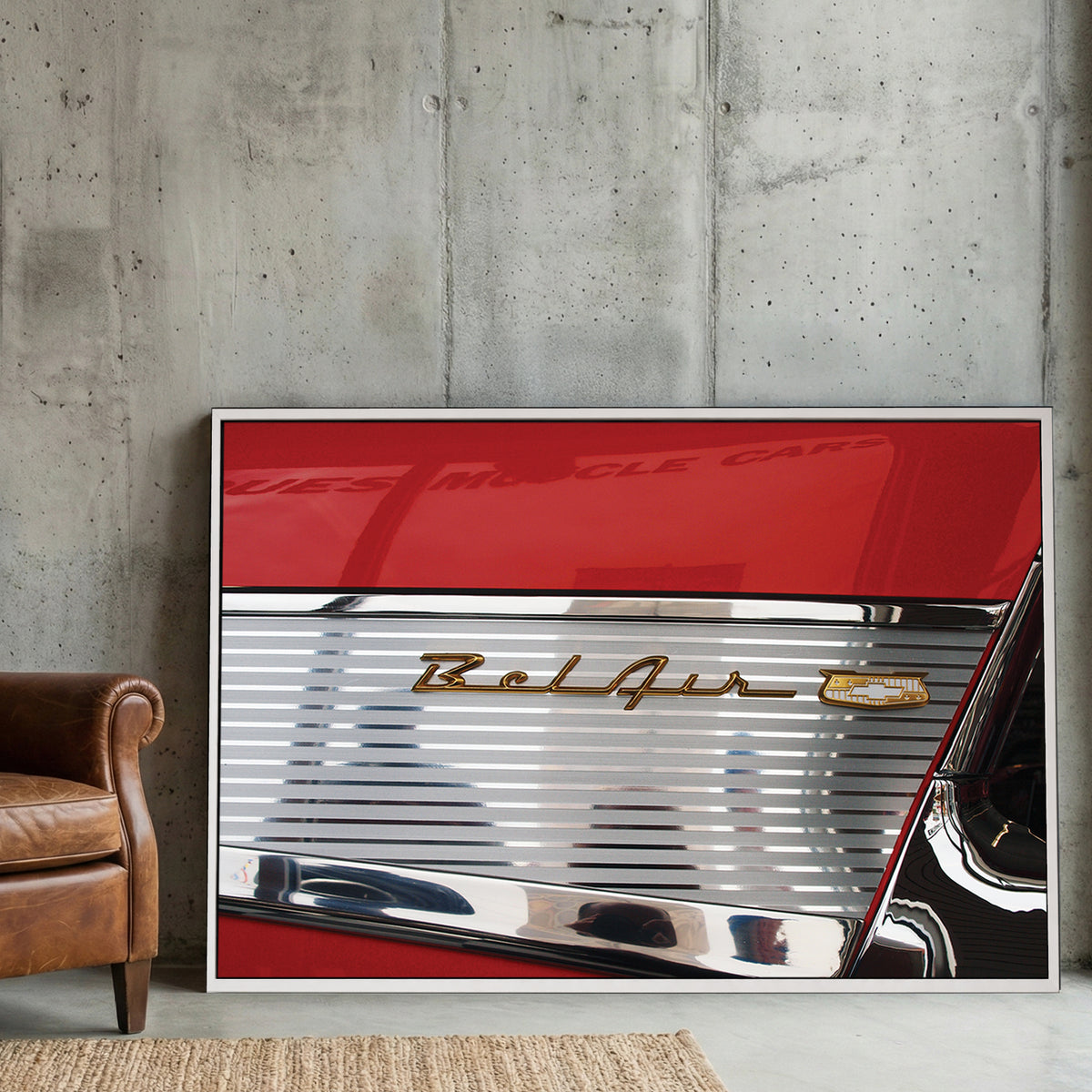 Chevy Bel Air Emblem canvas wall art print displayed in a styled living room
