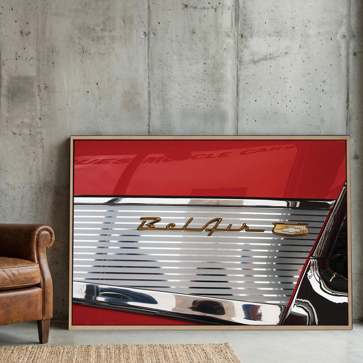 Chevy Bel Air Emblem canvas wall art print displayed in a styled living room