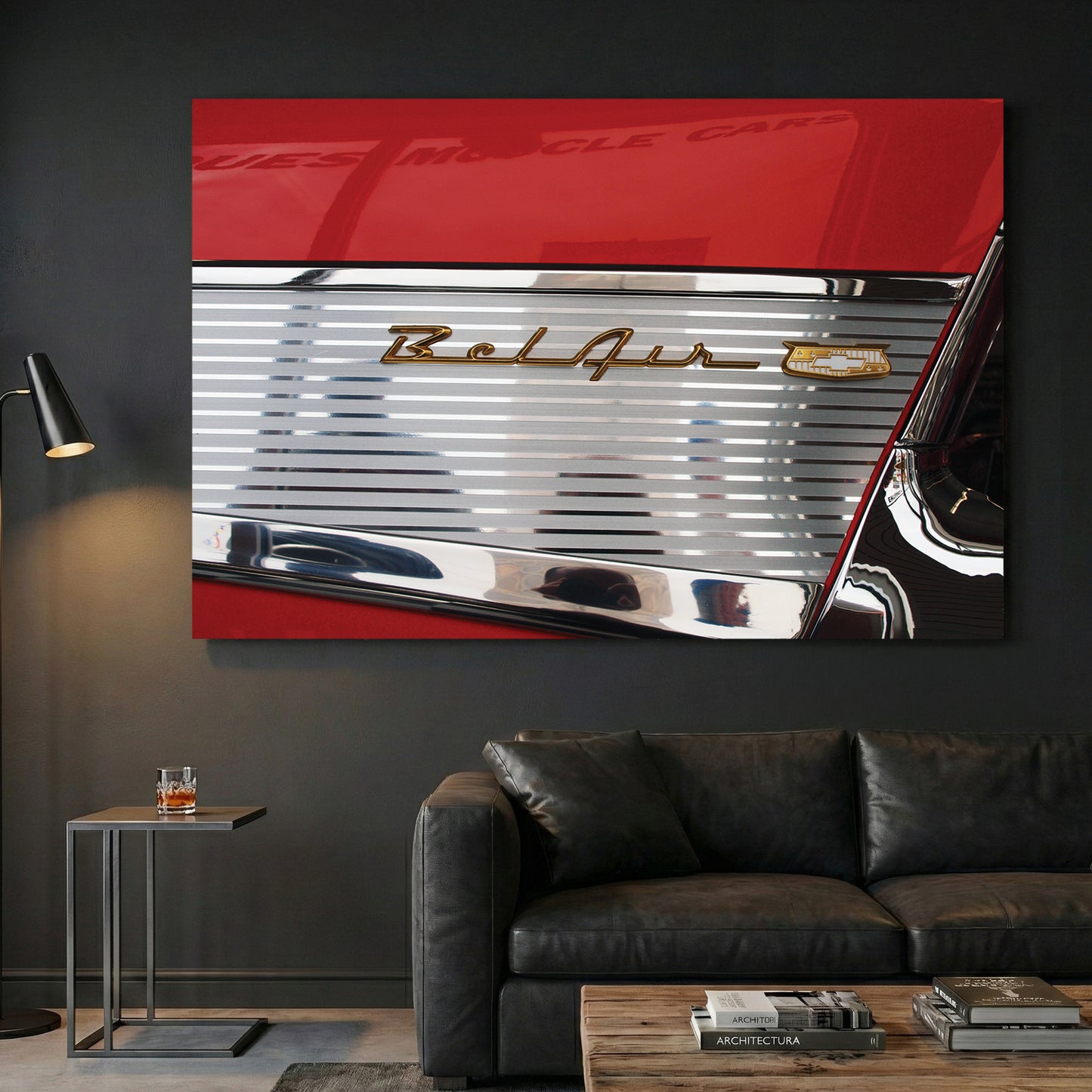 Chevy Bel Air Emblem canvas wall art print displayed in a styled living room