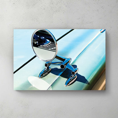 Round chrome side mirror on a sunlit mint-green vintage car hood, sharp shadows, bright sky — canvas wall art print