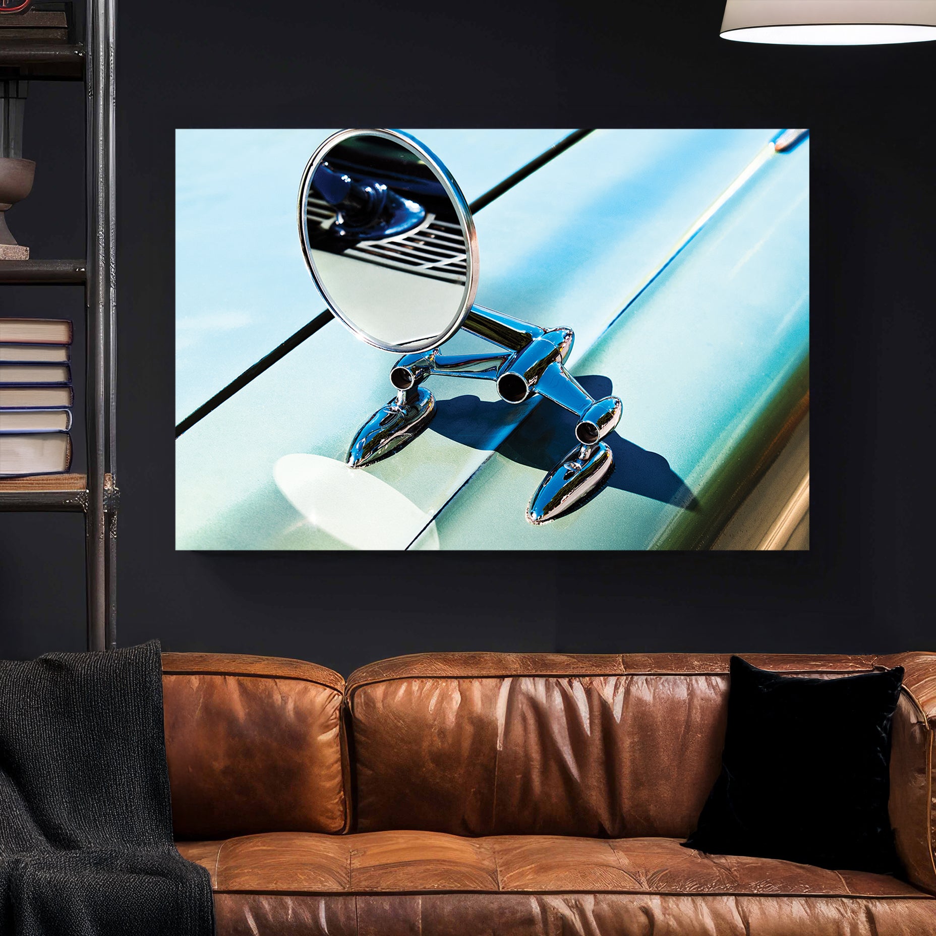 Classic Car Chrome Mirror canvas wall art print styled in a modern interior