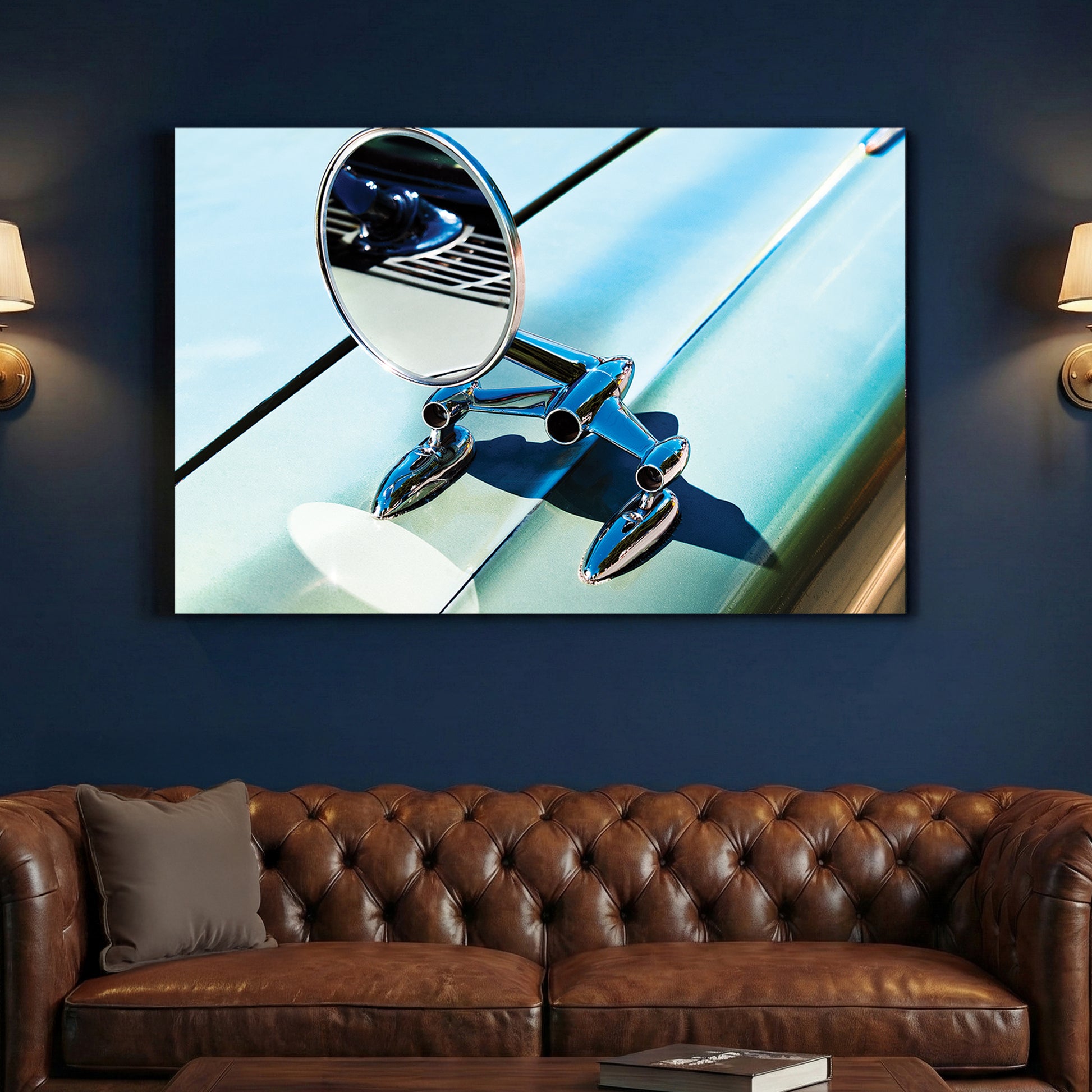Classic Car Chrome Mirror canvas wall art print above a sofa in a contemporary living room