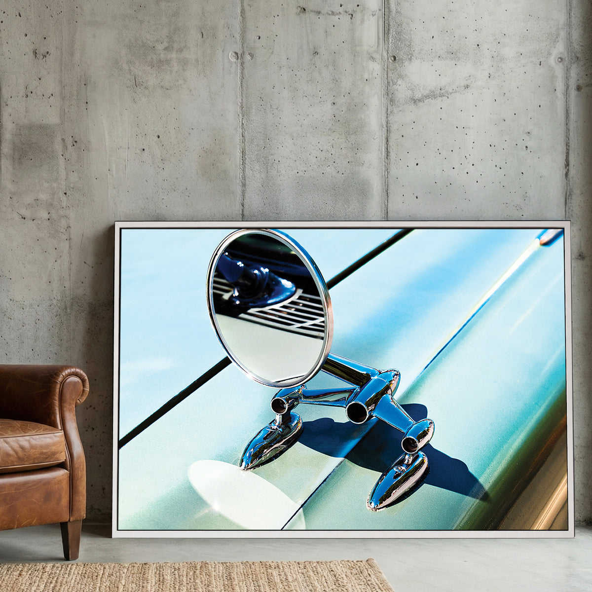 Classic Car Chrome Mirror canvas wall art print displayed in a styled living room