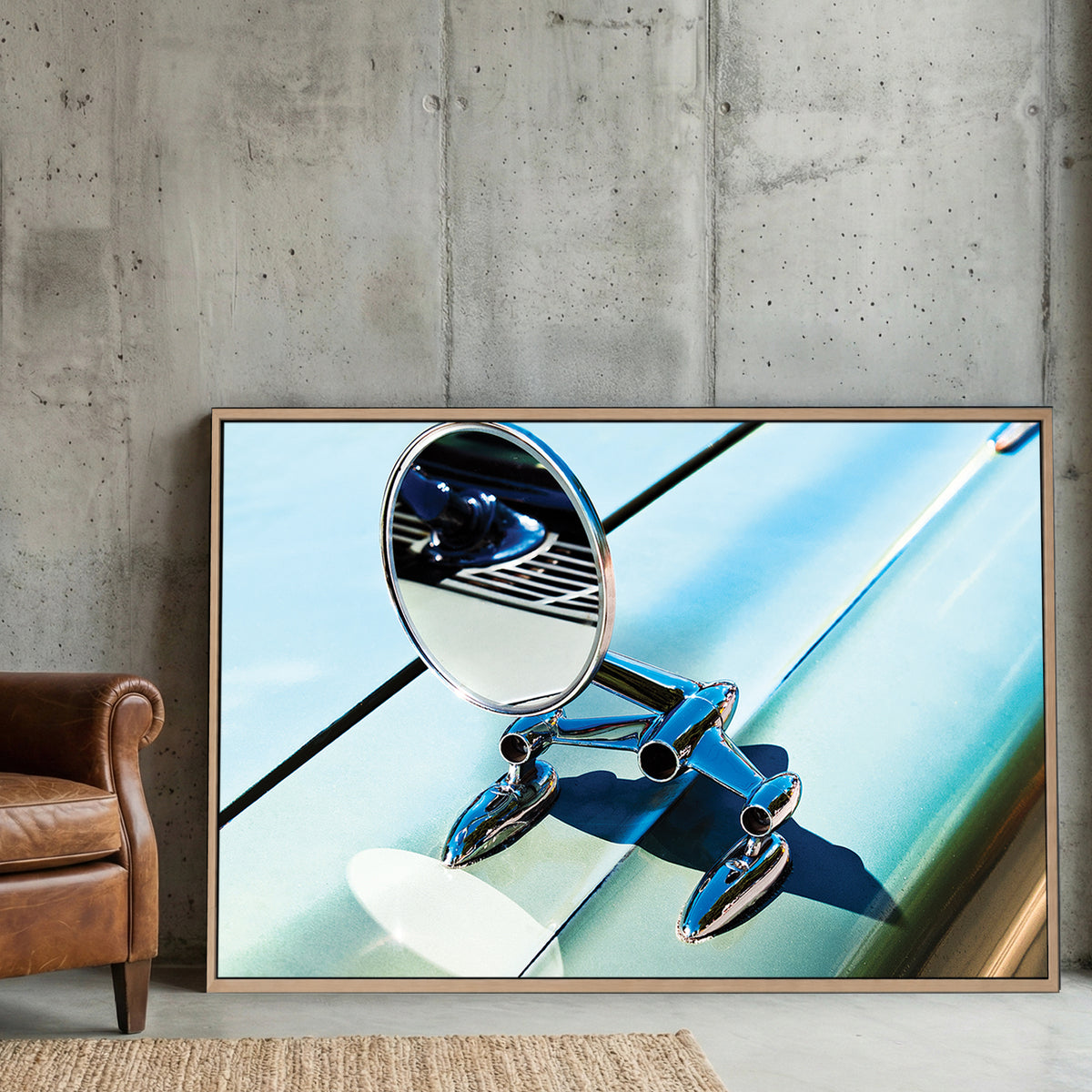 Classic Car Chrome Mirror canvas wall art print displayed in a styled living room