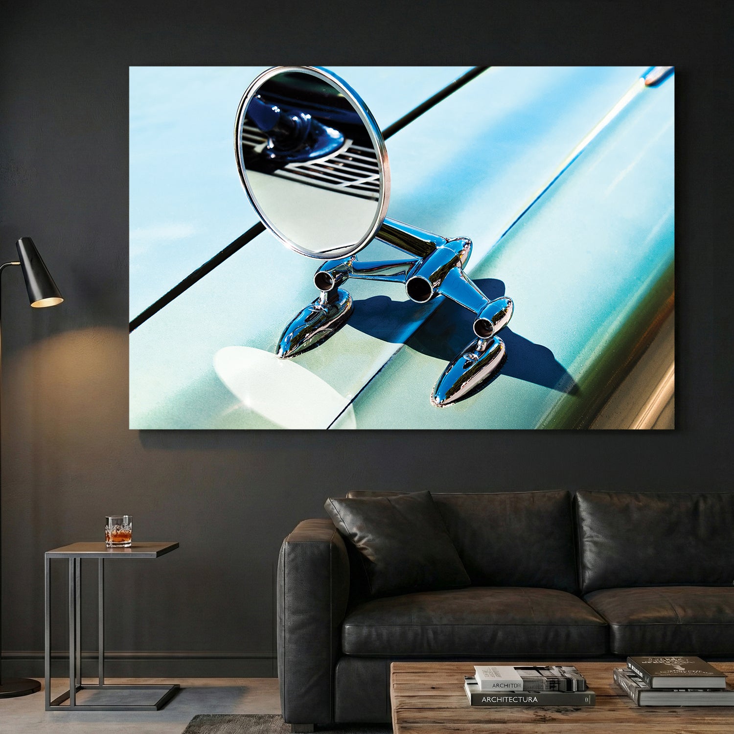 Classic Car Chrome Mirror canvas wall art print displayed in a styled living room