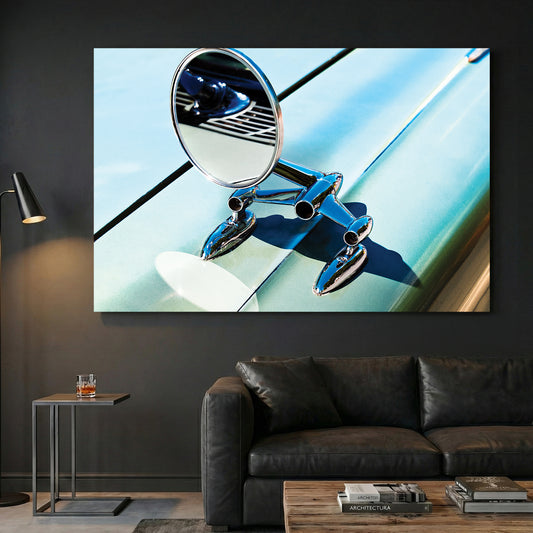 Classic Car Chrome Mirror canvas wall art print displayed in a styled living room