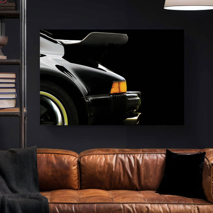 Black Porsche 911 Turbo Wing canvas wall art print styled in a modern interior