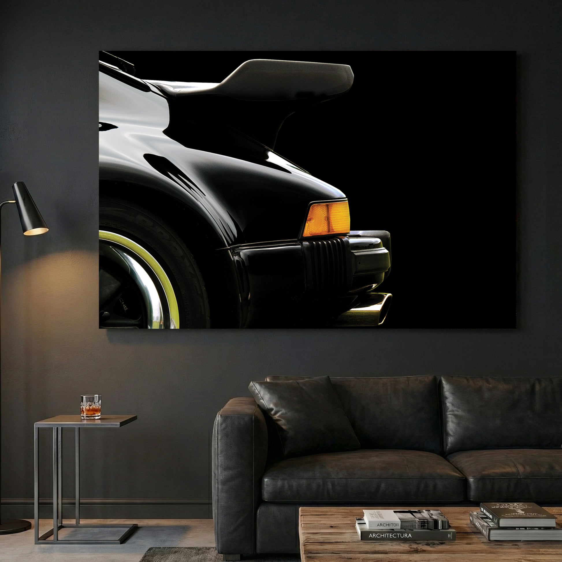 Black Porsche 911 Turbo Wing canvas wall art print displayed in a styled living room