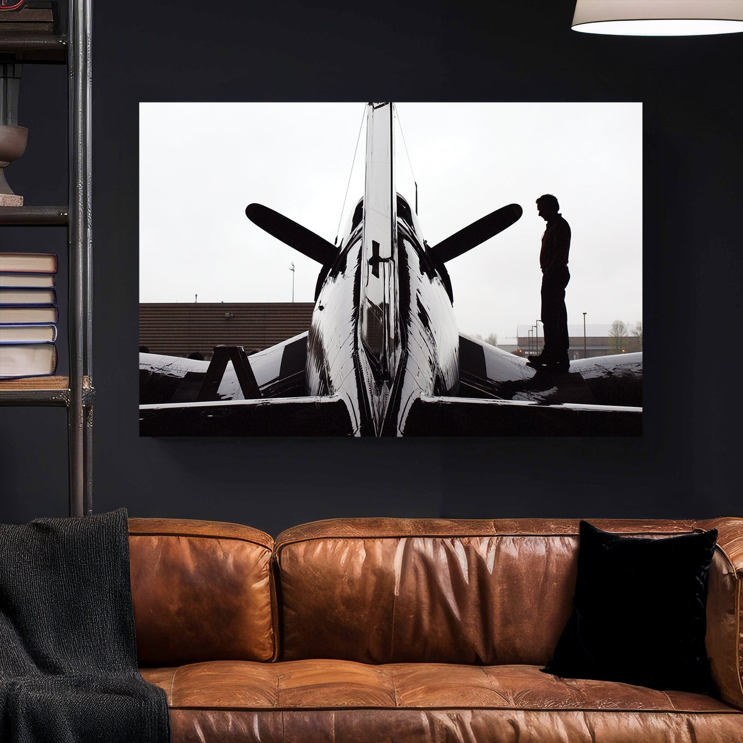 Corsair Warplane Hangar canvas wall art print styled in a modern interior