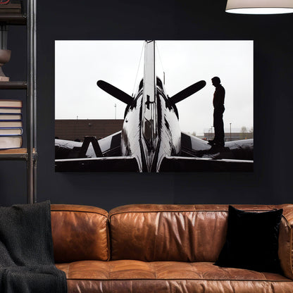Corsair Warplane Hangar canvas wall art print styled in a modern interior