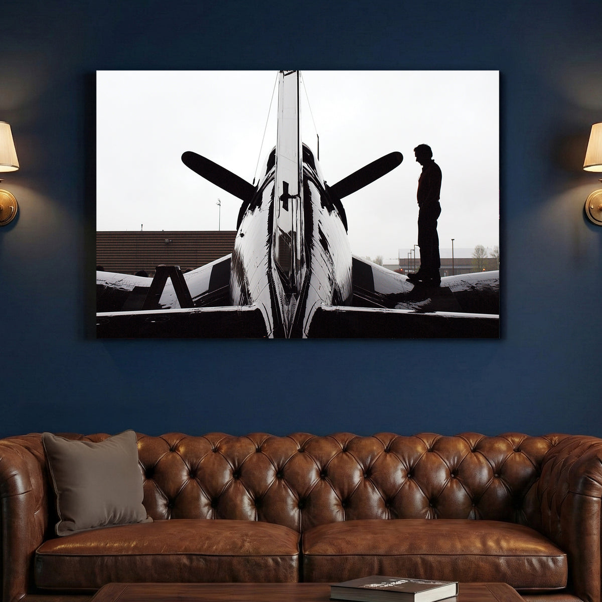 Corsair Warplane Hangar canvas wall art print above a sofa in a contemporary living room