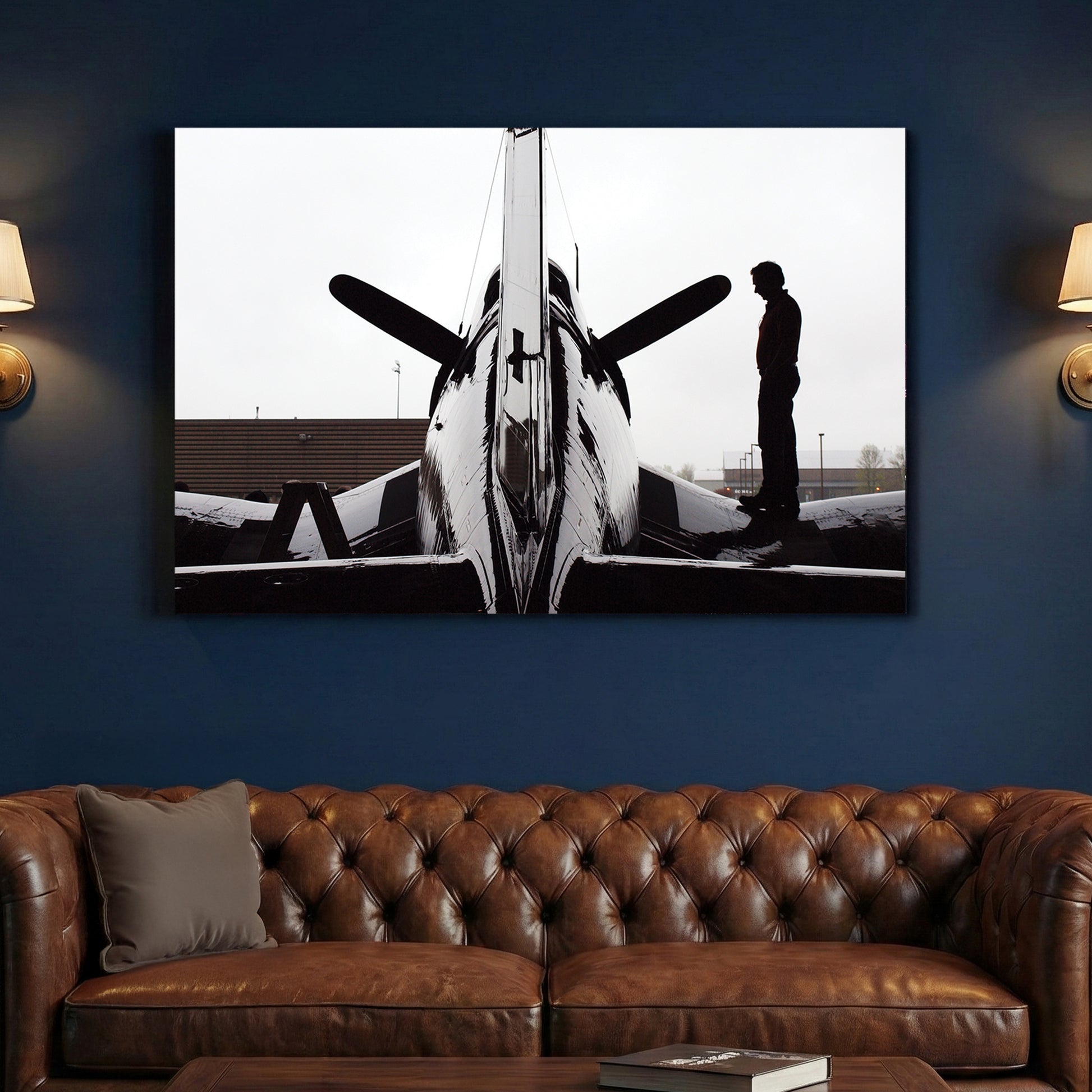 Corsair Warplane Hangar canvas wall art print above a sofa in a contemporary living room