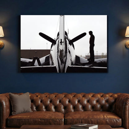 Corsair Warplane Hangar canvas wall art print above a sofa in a contemporary living room