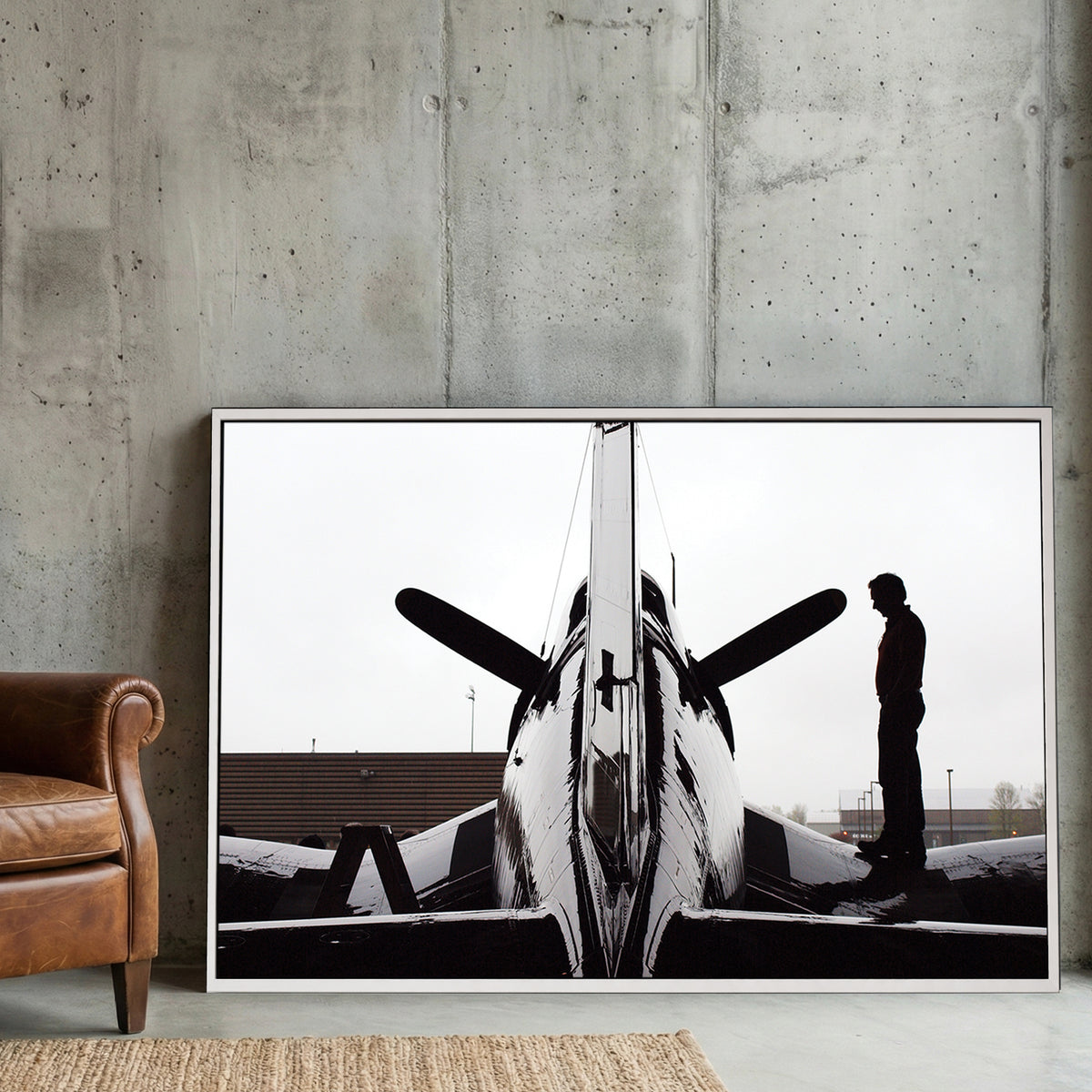 Corsair Warplane Hangar canvas wall art print displayed in a styled living room
