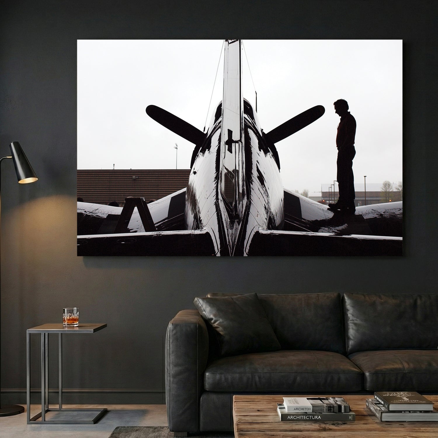 Corsair Warplane Hangar canvas wall art print displayed in a styled living room