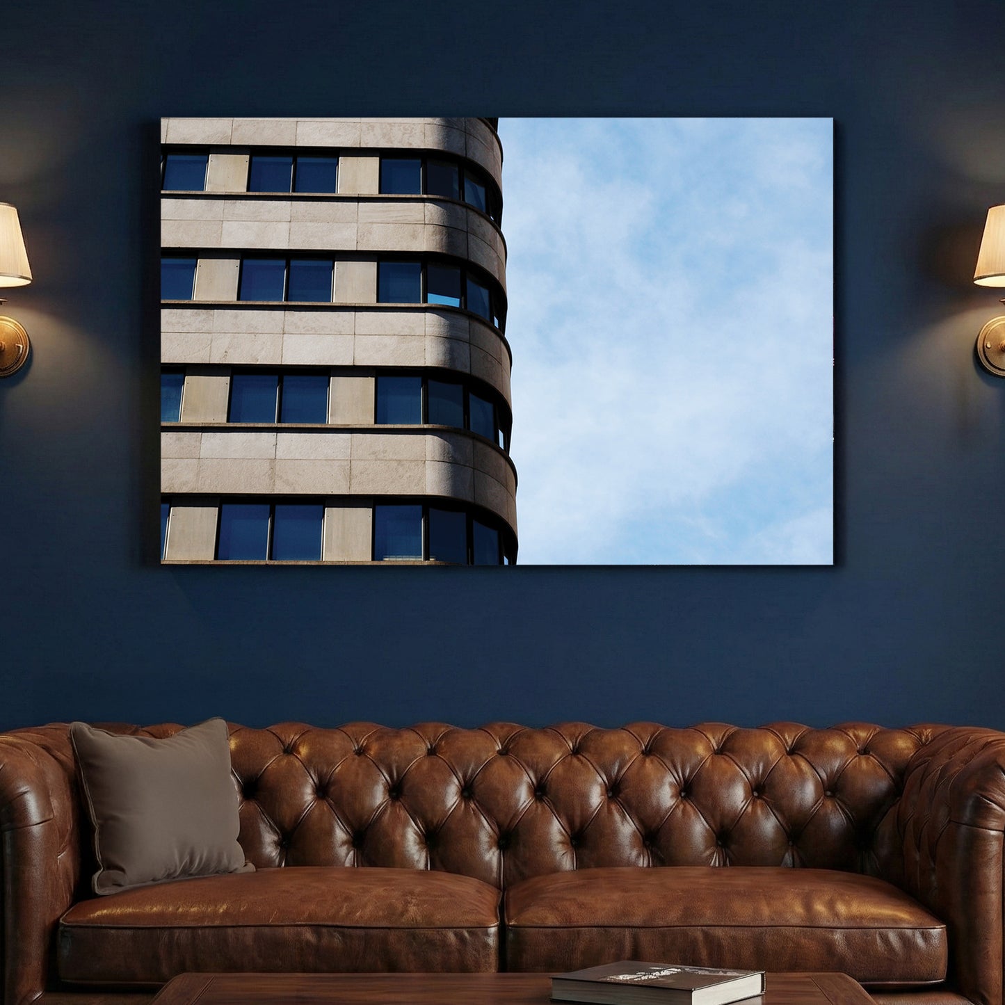 Montreal Modern Architecture canvas wall art print above a sofa in a contemporary living room