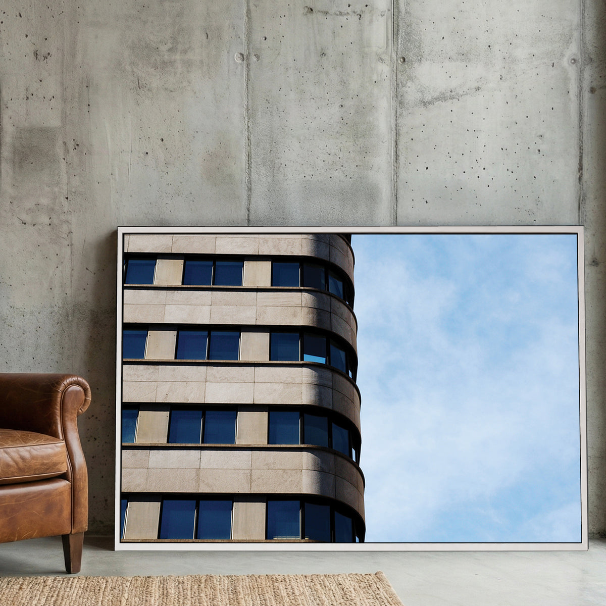 Montreal Modern Architecture canvas wall art print displayed in a styled living room