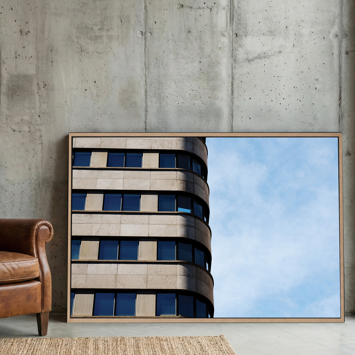 Montreal Modern Architecture canvas wall art print displayed in a styled living room