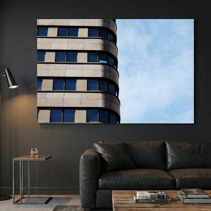 Montreal Modern Architecture canvas wall art print displayed in a styled living room