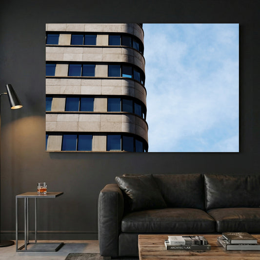 Montreal Modern Architecture canvas wall art print displayed in a styled living room