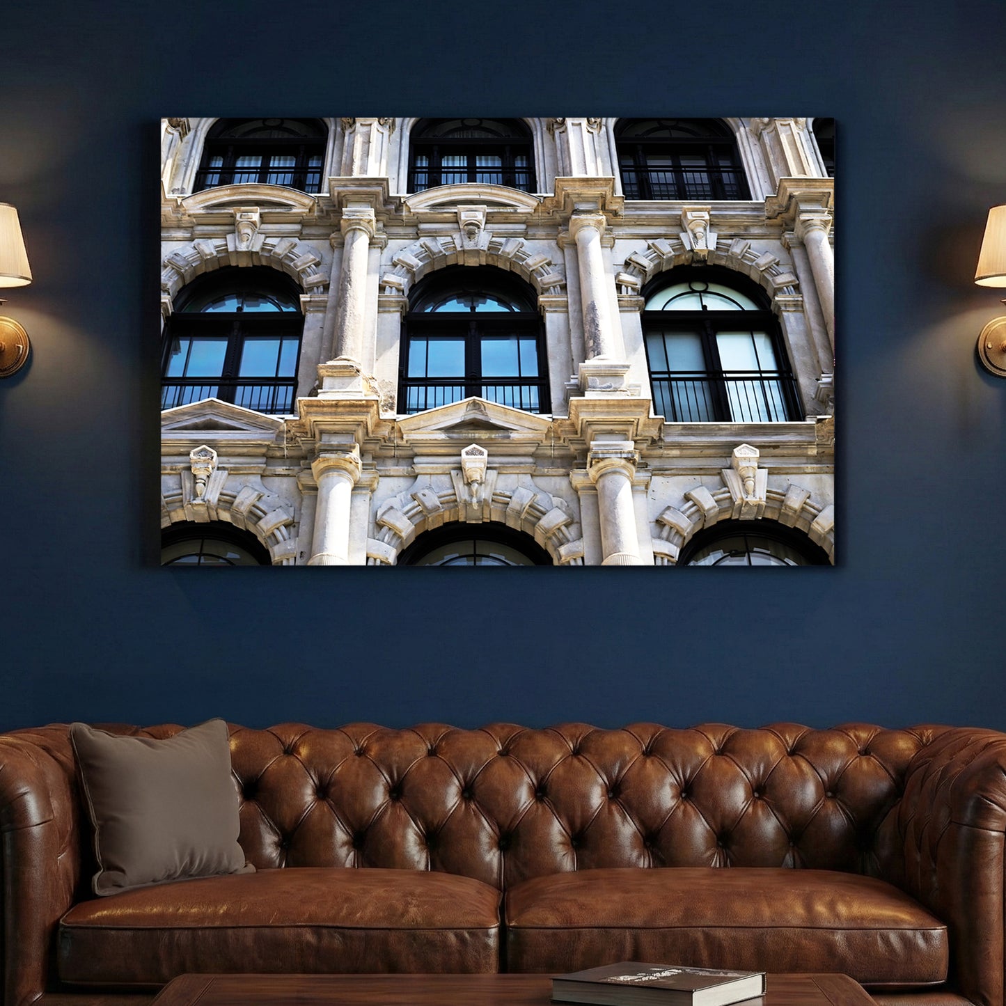 Montreal Heritage Architecture canvas wall art print above a sofa in a contemporary living room