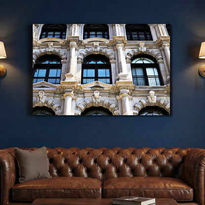 Montreal Heritage Architecture canvas wall art print above a sofa in a contemporary living room