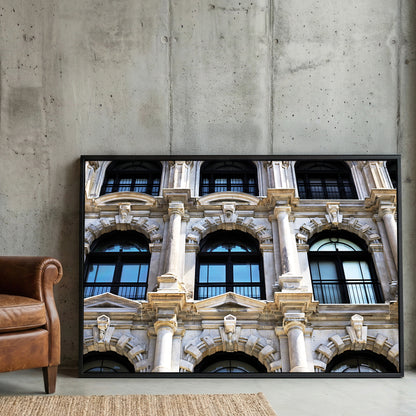 Montreal Heritage Architecture framed canvas wall art print in a gallery-style display
