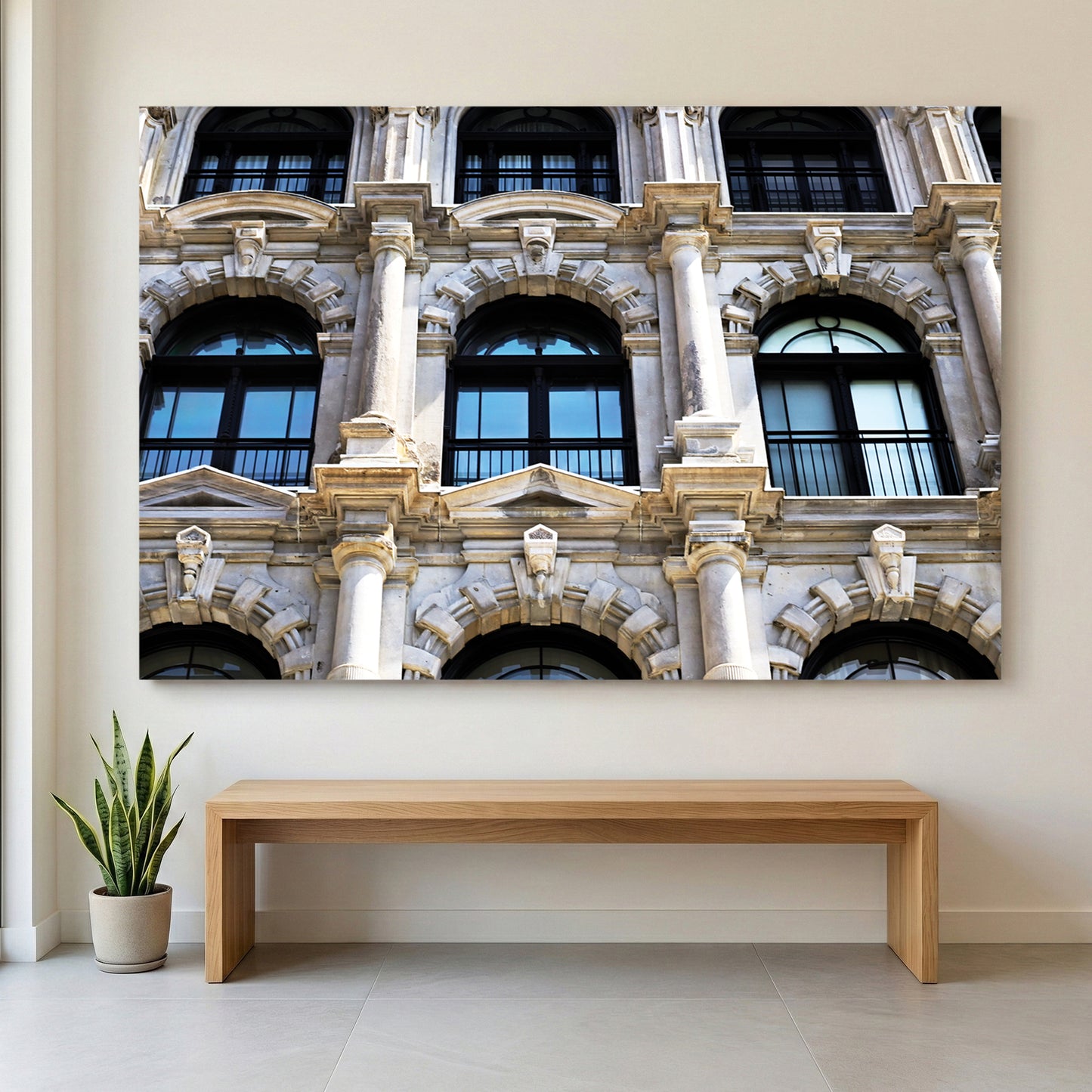 Montreal Heritage Architecture canvas wall art print displayed in a styled living room
