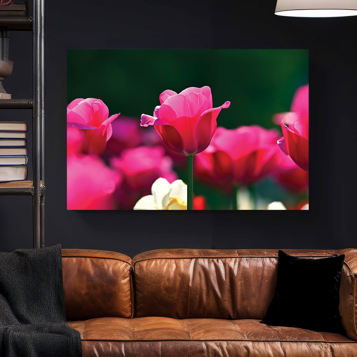 Pink Tulips Garden canvas wall art print styled in a modern interior