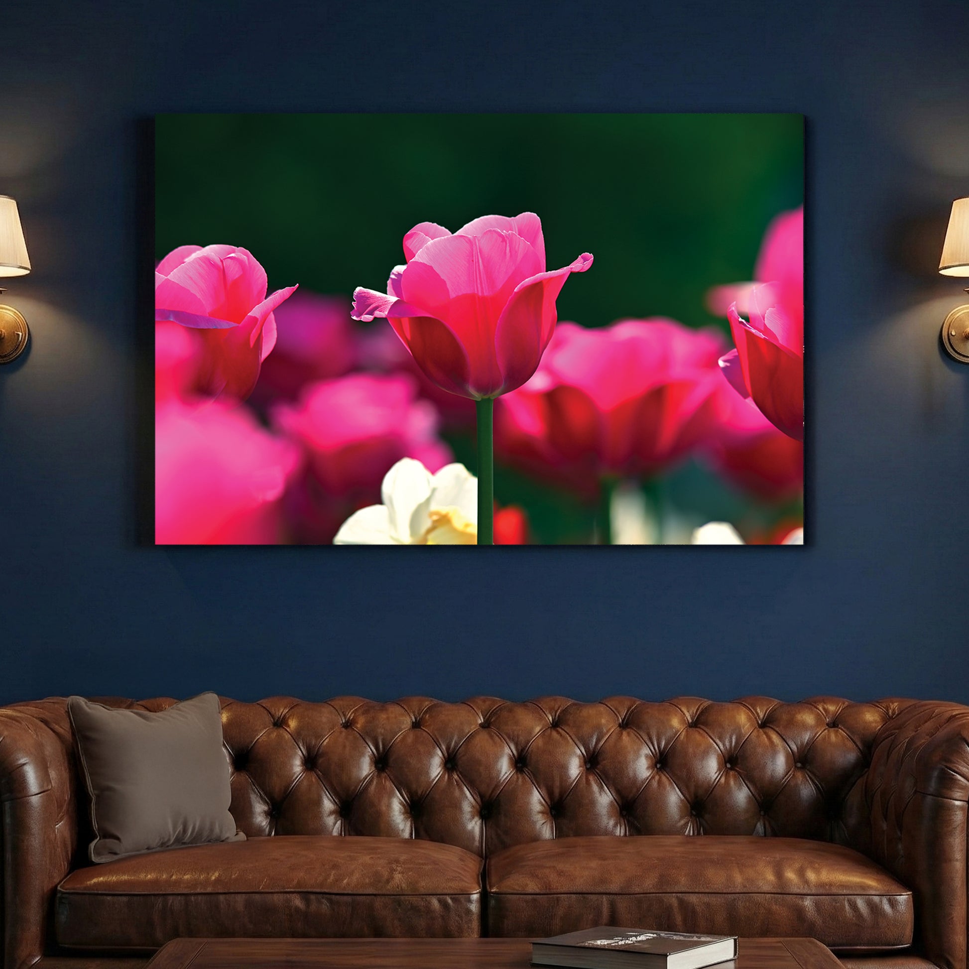 Pink Tulips Garden canvas wall art print above a sofa in a contemporary living room