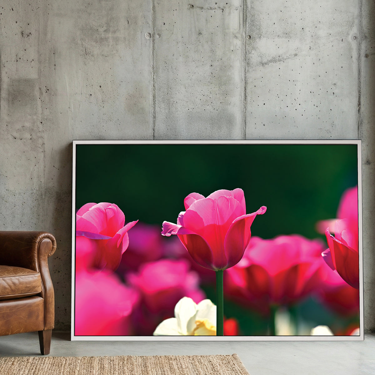 Pink Tulips Garden canvas wall art print displayed in a styled living room
