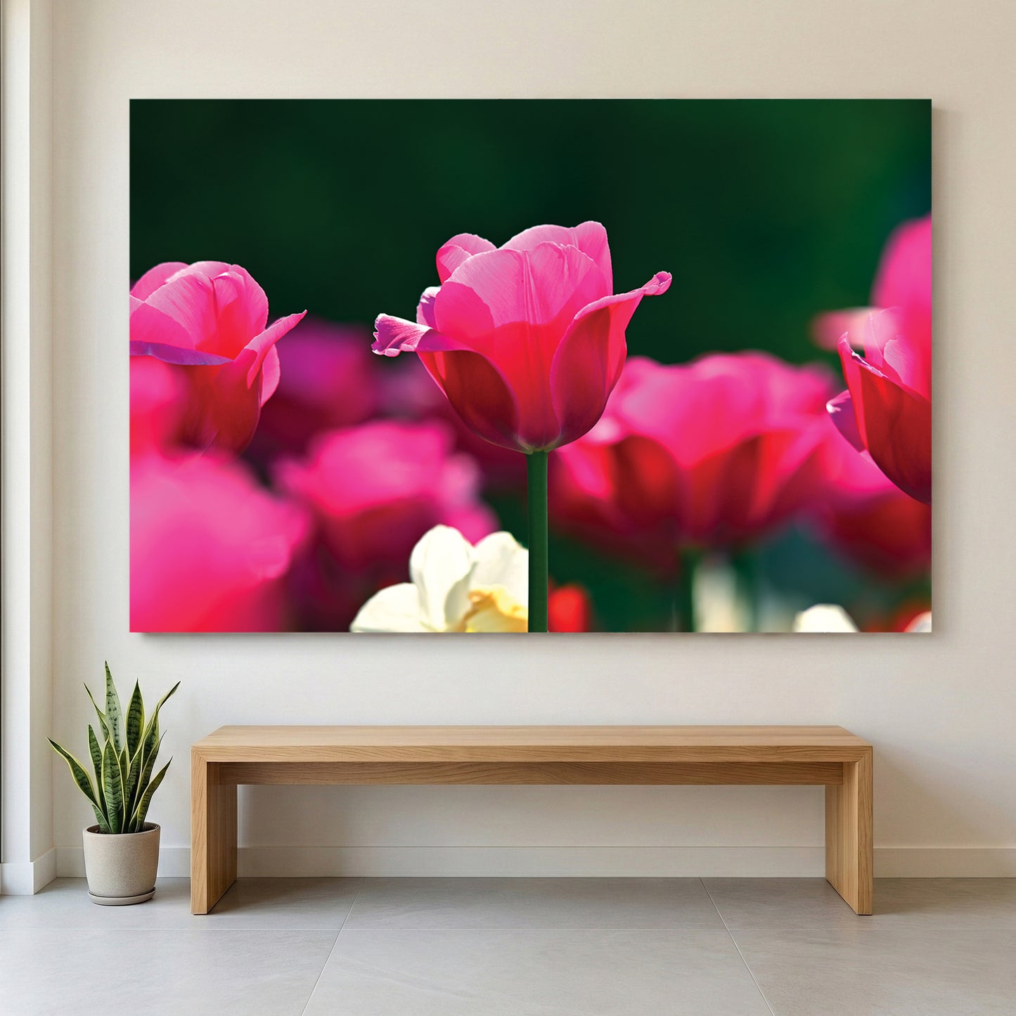 Pink Tulips Garden canvas wall art print displayed in a styled living room