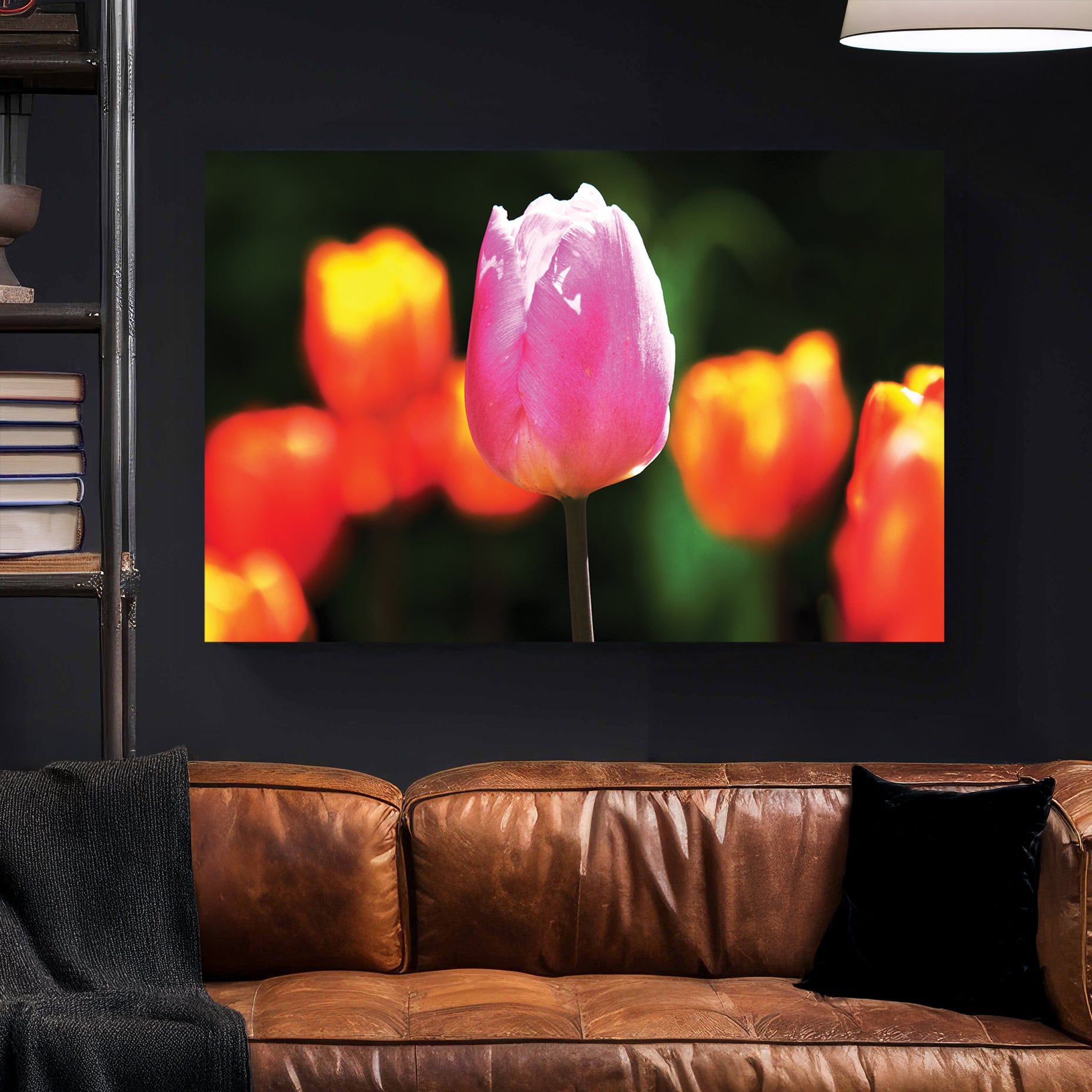Pink Tulip Spring Bloom canvas wall art print styled in a modern interior